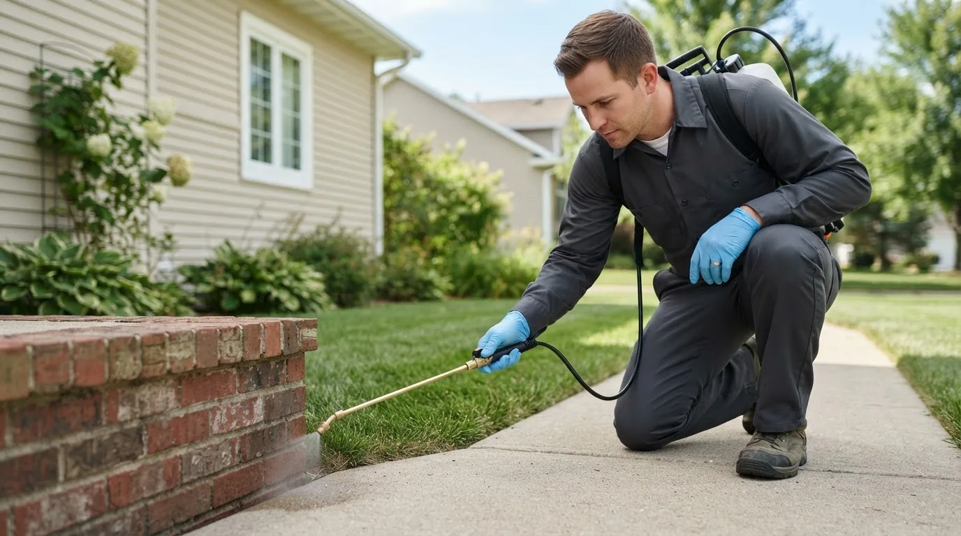 Pest control technician treating a home near Brownfield, TX